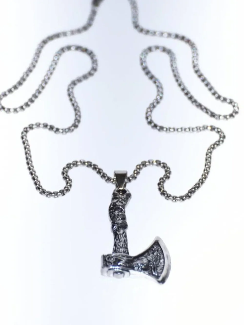 Men's Silver Tone Wolf Norse Axe Pendant Necklace Viking Biker Jewelry